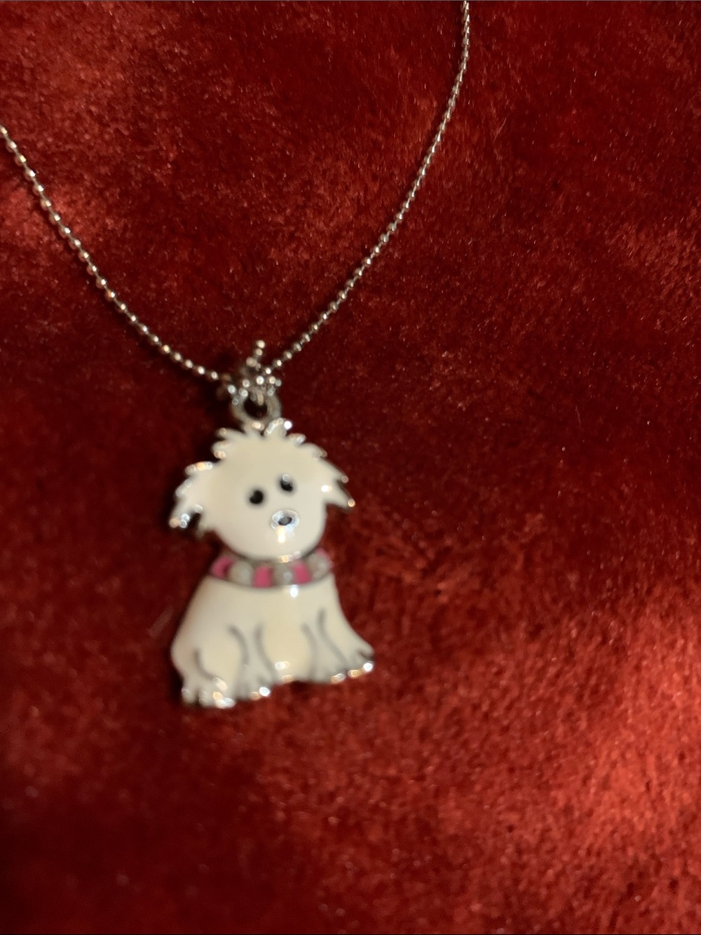 Cookie Lee White Dog Pendant Necklace with Pink Collar